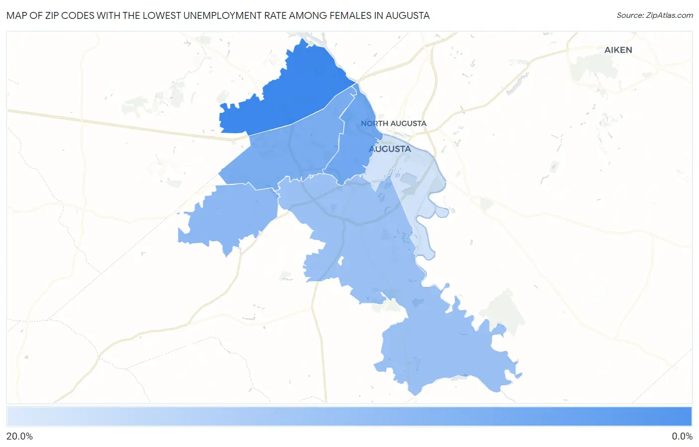 Zip Codes with the Lowest Unemployment Rate Among Females in Augusta Map