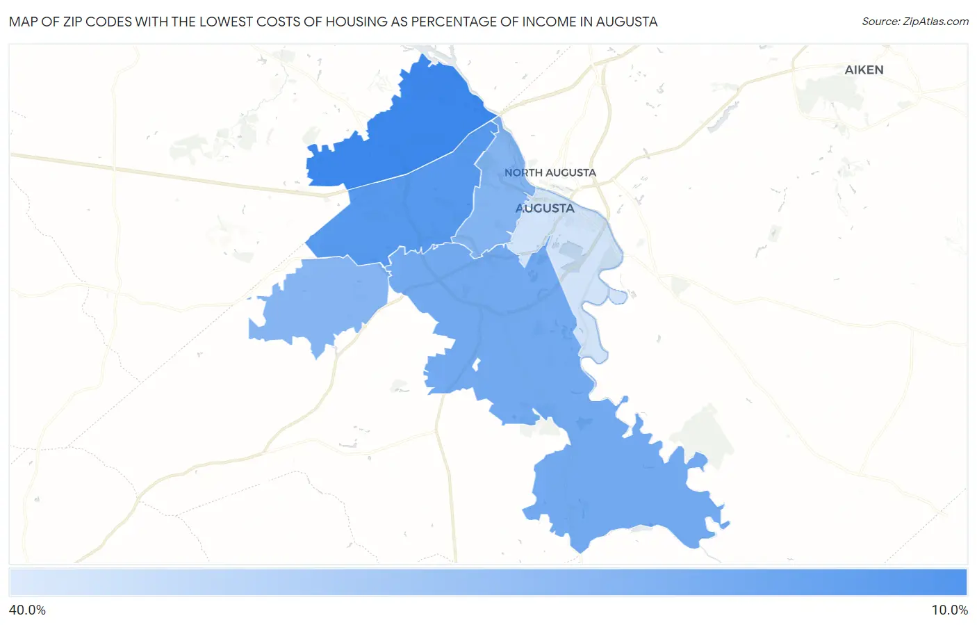 Zip Codes with the Lowest Costs of Housing as Percentage of Income in Augusta Map