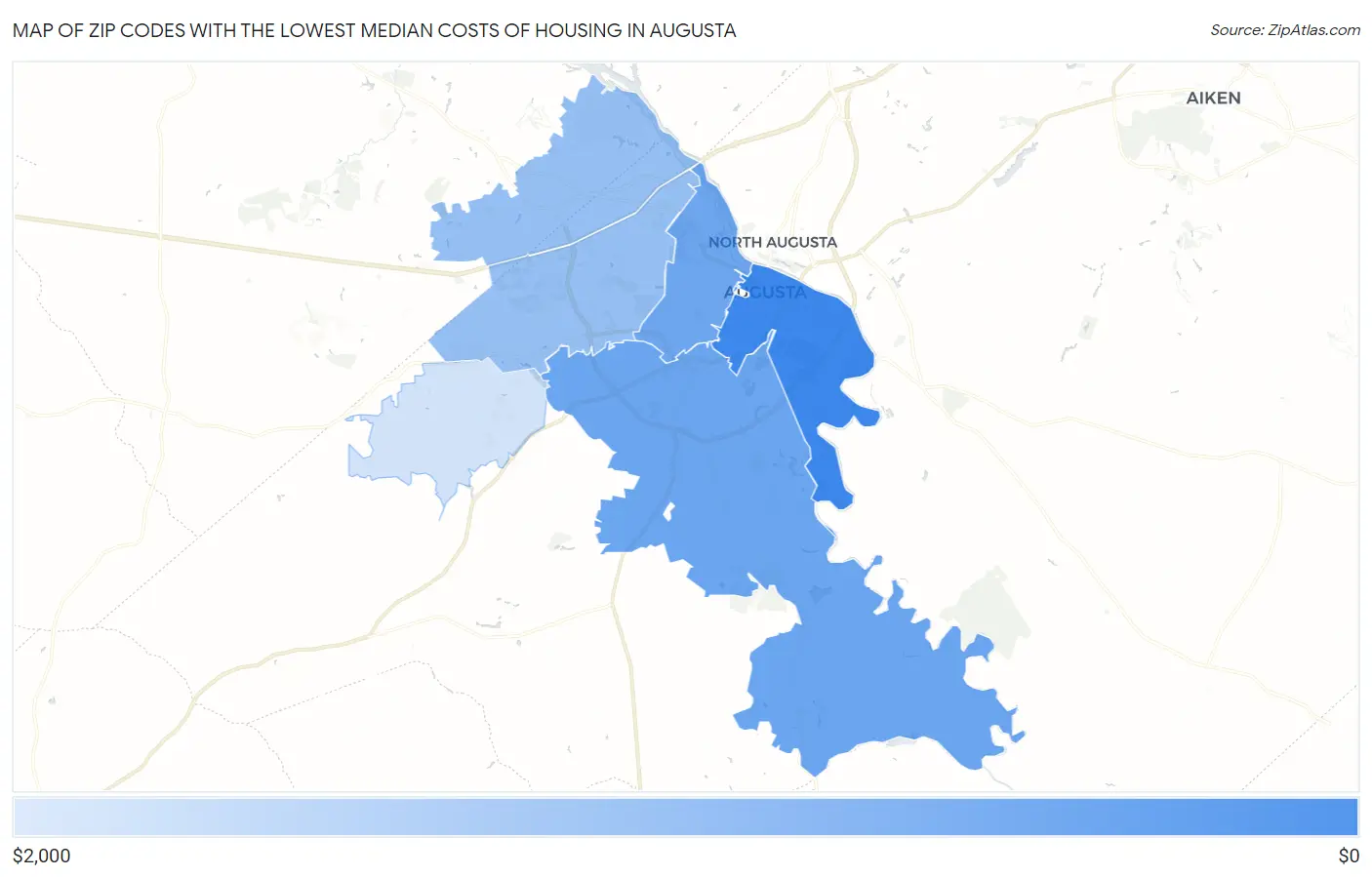 Zip Codes with the Lowest Median Costs of Housing in Augusta Map