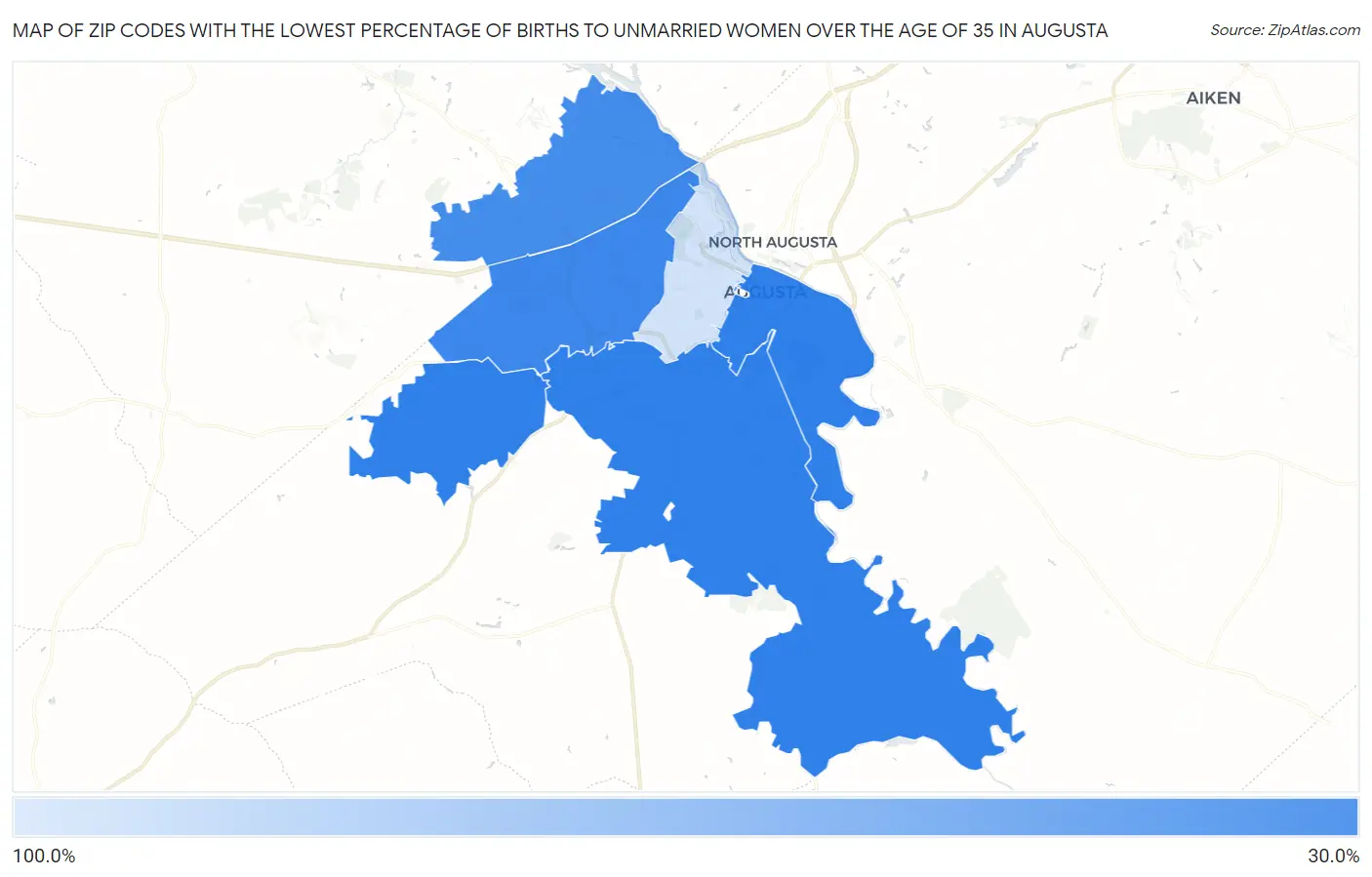 Zip Codes with the Lowest Percentage of Births to Unmarried Women over the Age of 35 in Augusta Map