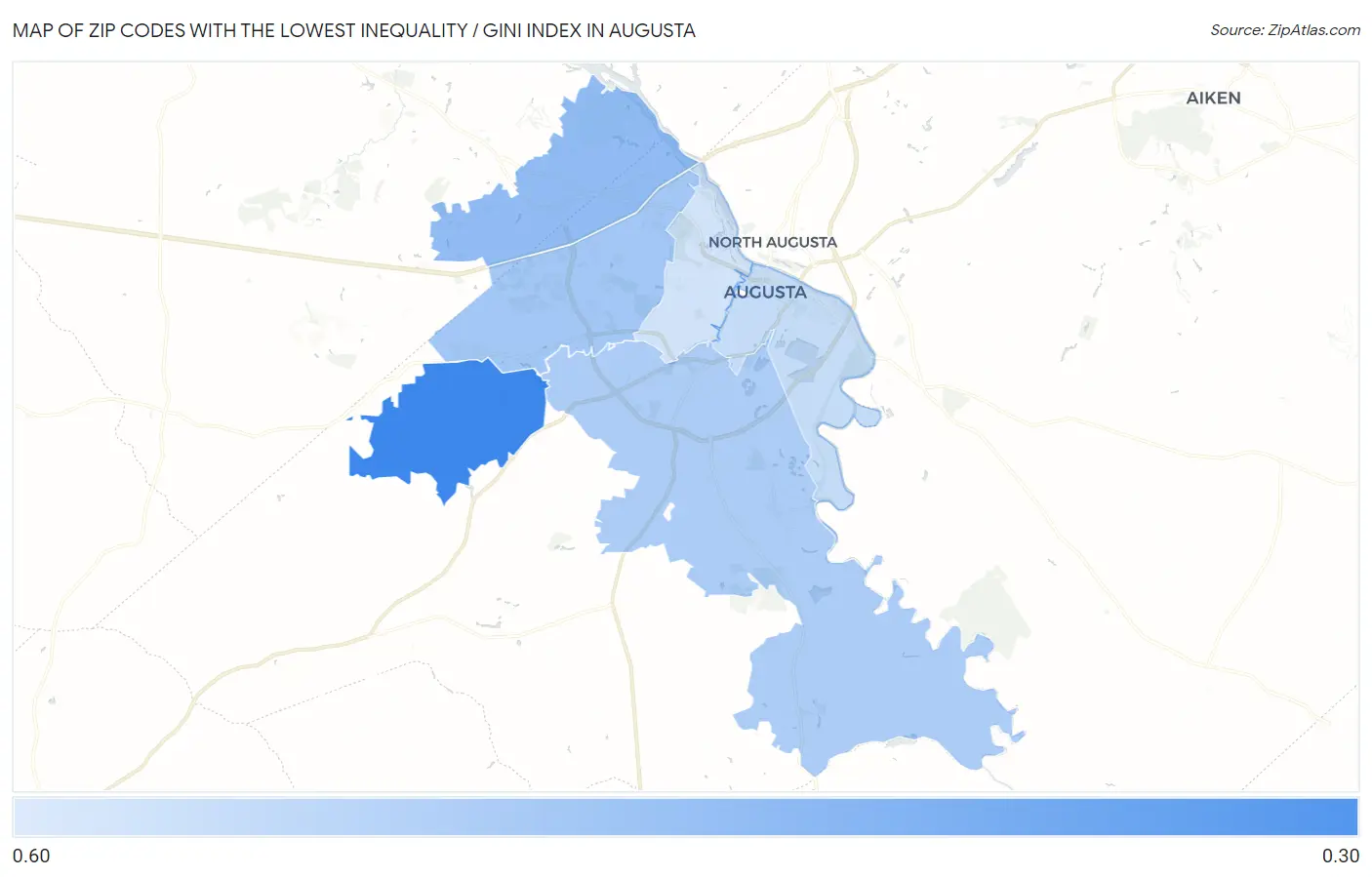 Zip Codes with the Lowest Inequality / Gini Index in Augusta Map