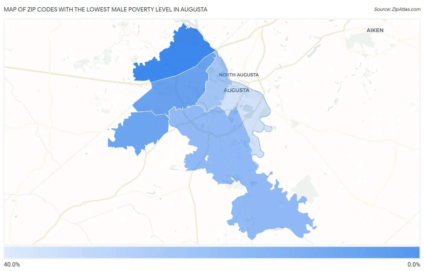 Zip Codes with the Lowest Male Poverty Level in Augusta Map
