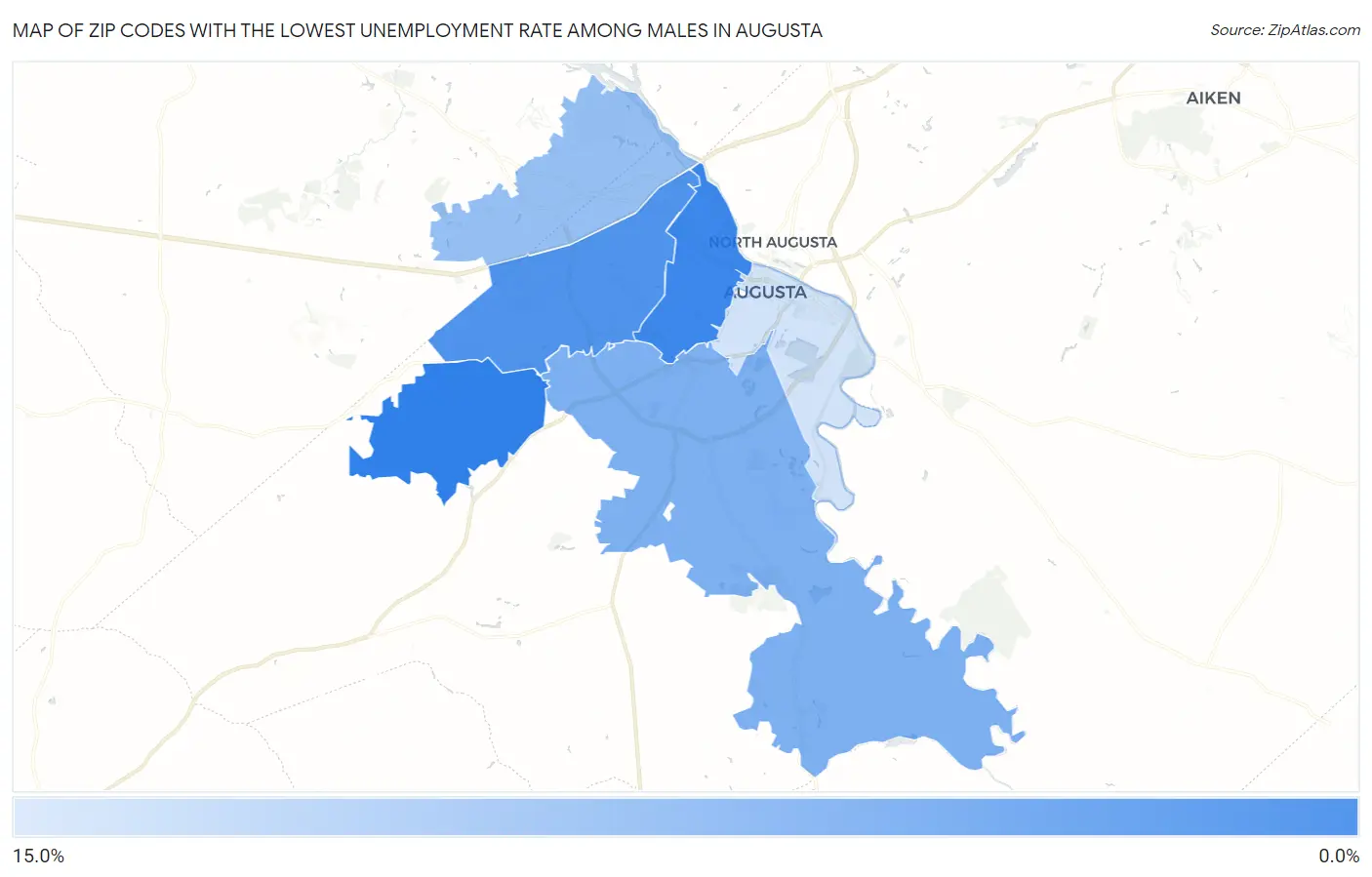 Zip Codes with the Lowest Unemployment Rate Among Males in Augusta Map