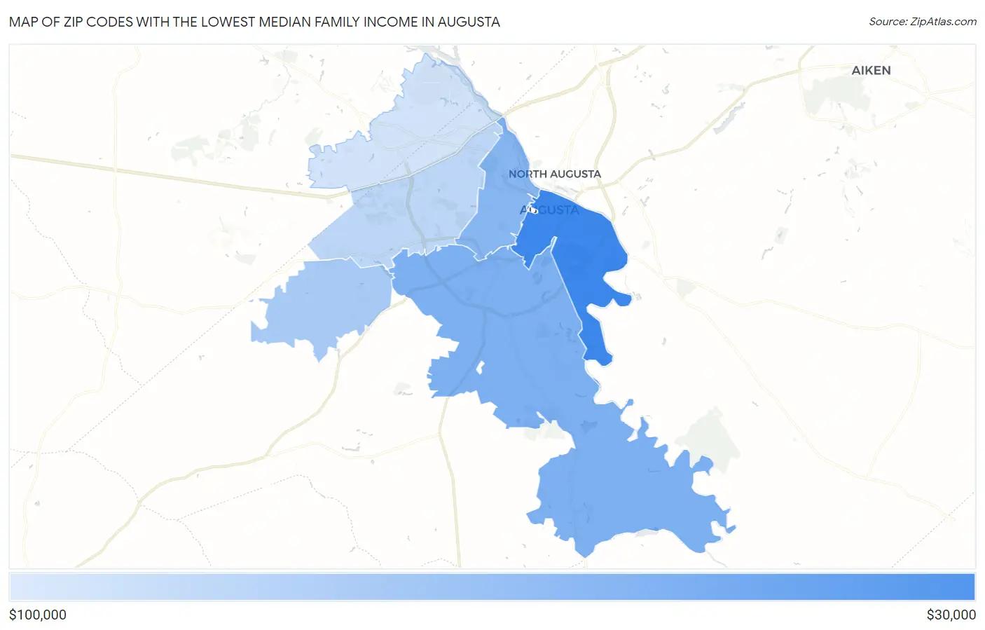 Zip Codes with the Lowest Median Family Income in Augusta Map
