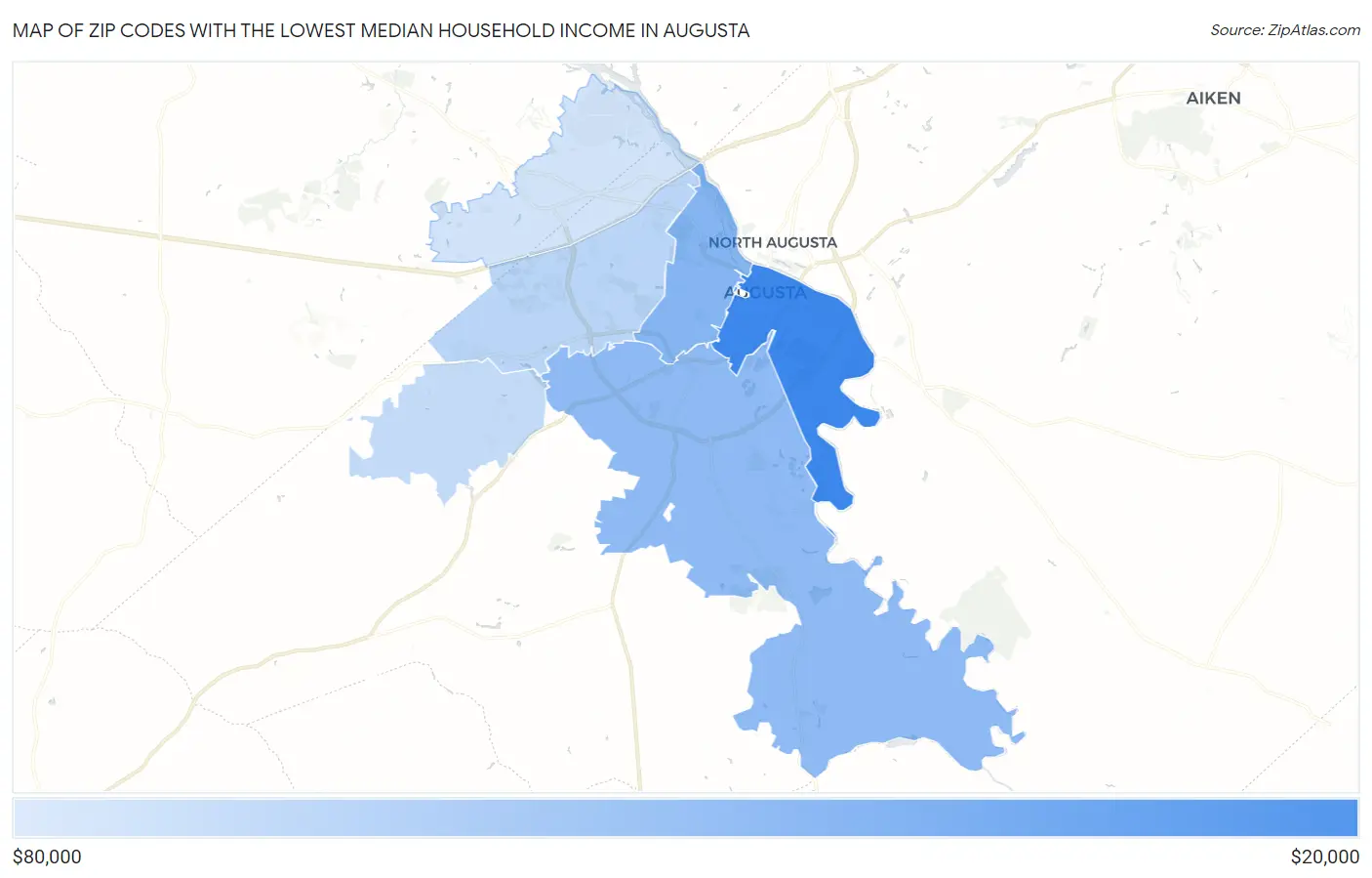 Zip Codes with the Lowest Median Household Income in Augusta Map