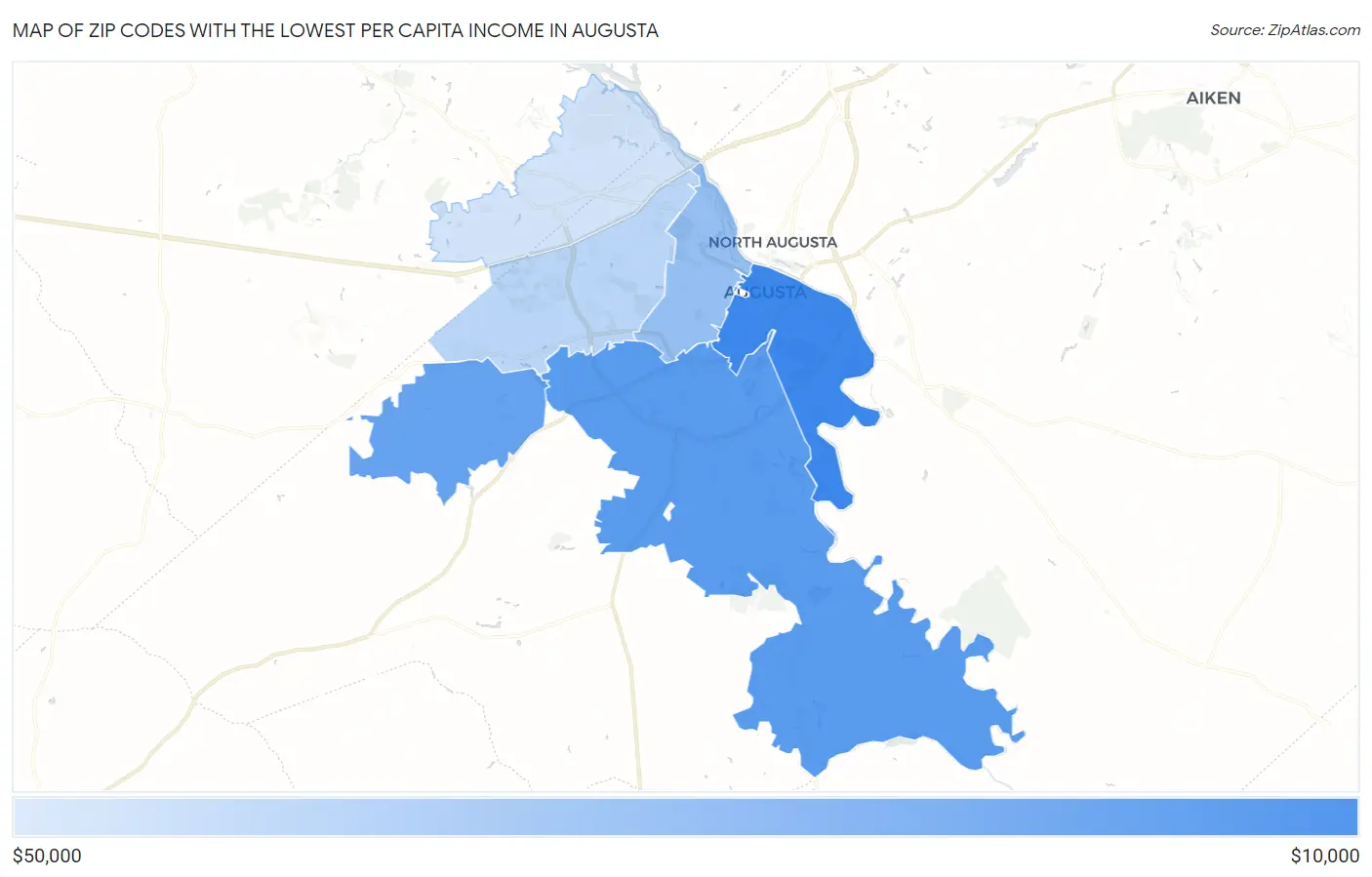 Zip Codes with the Lowest Per Capita Income in Augusta Map