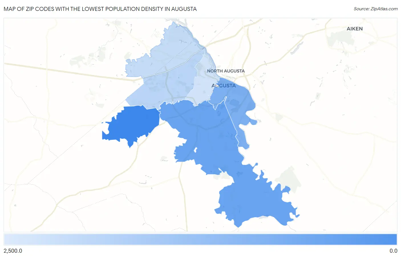 Zip Codes with the Lowest Population Density in Augusta Map