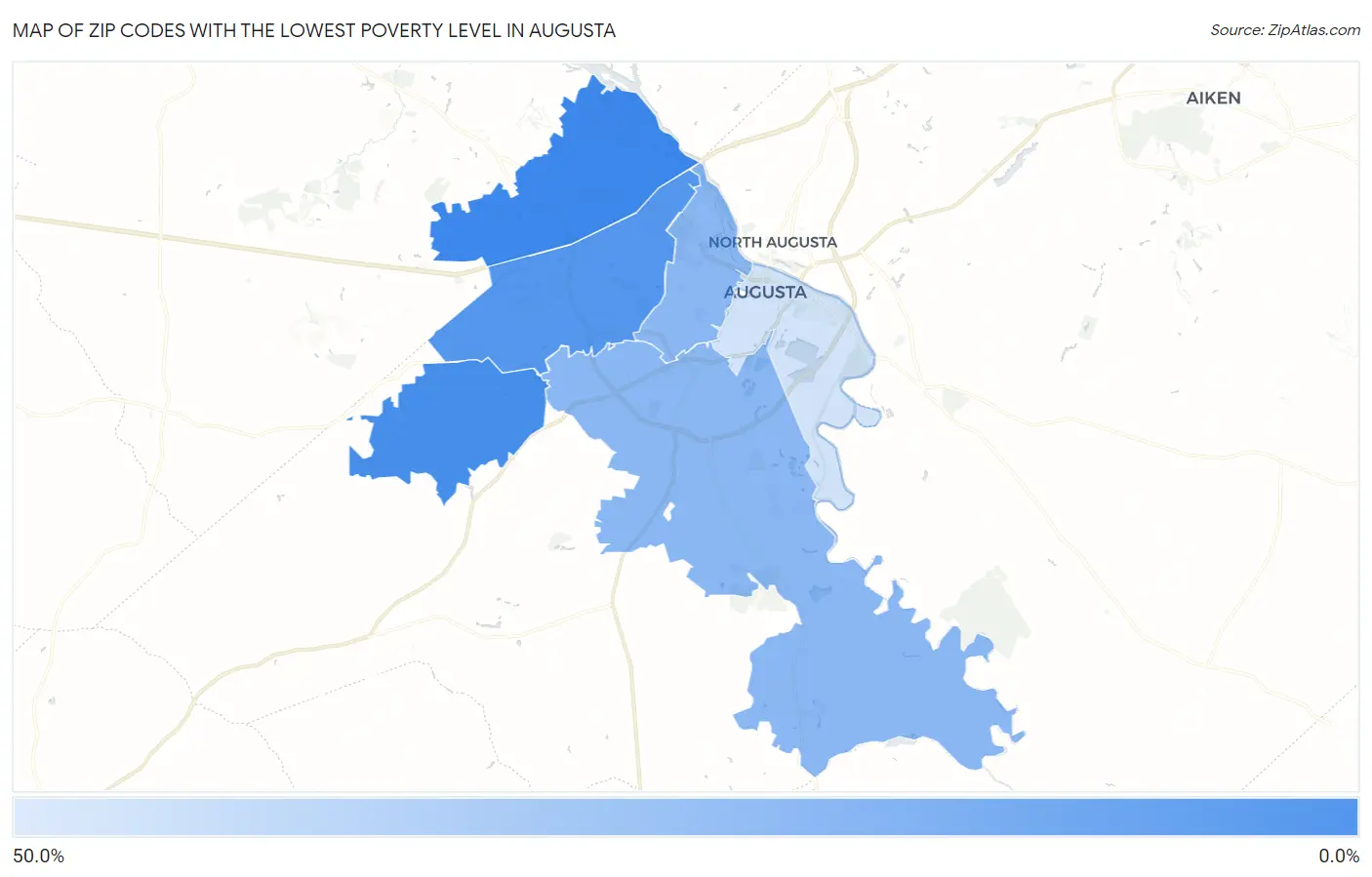 Zip Codes with the Lowest Poverty Level in Augusta Map