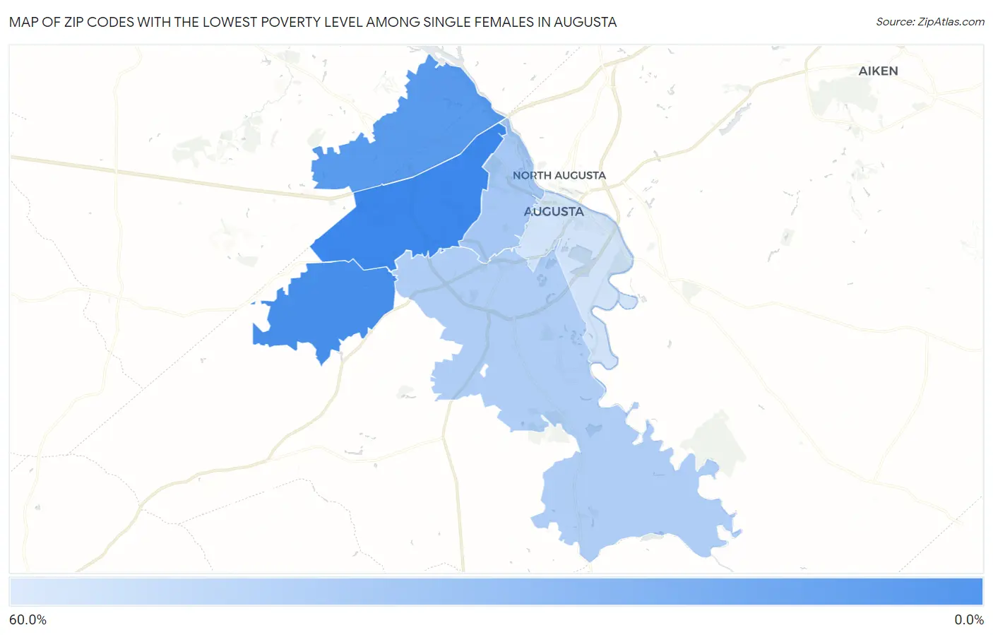 Zip Codes with the Lowest Poverty Level Among Single Females in Augusta Map