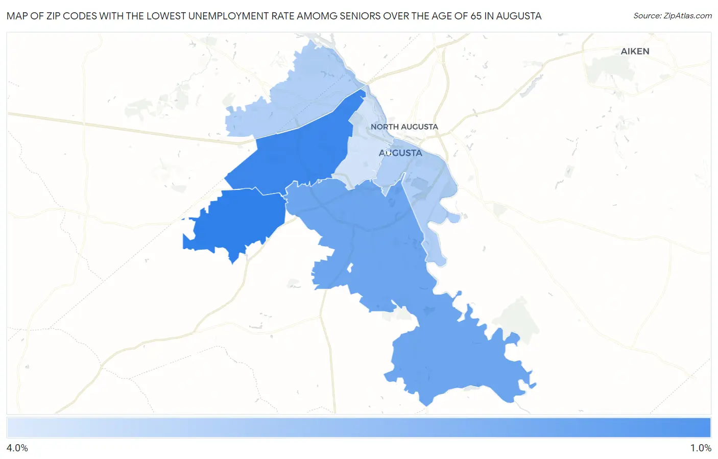 Zip Codes with the Lowest Unemployment Rate Amomg Seniors Over the Age of 65 in Augusta Map