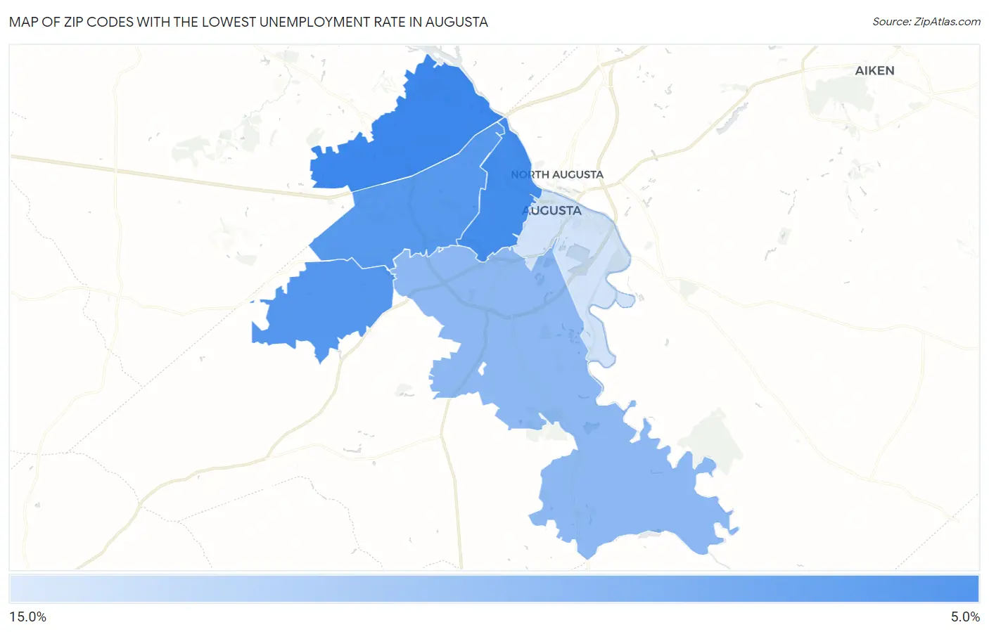 Zip Codes with the Lowest Unemployment Rate in Augusta Map