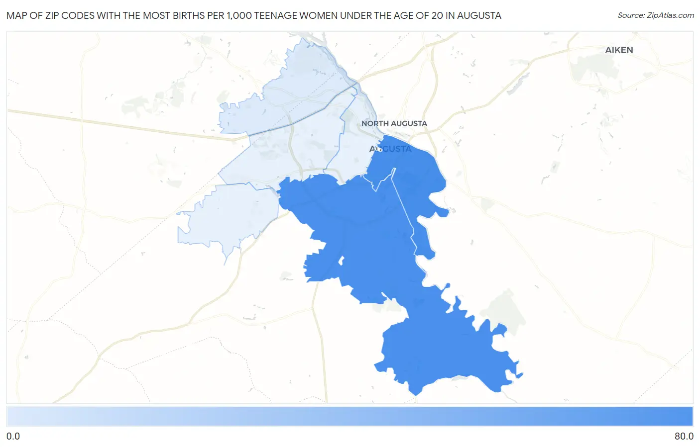 Zip Codes with the Most Births per 1,000 Teenage Women Under the Age of 20 in Augusta Map