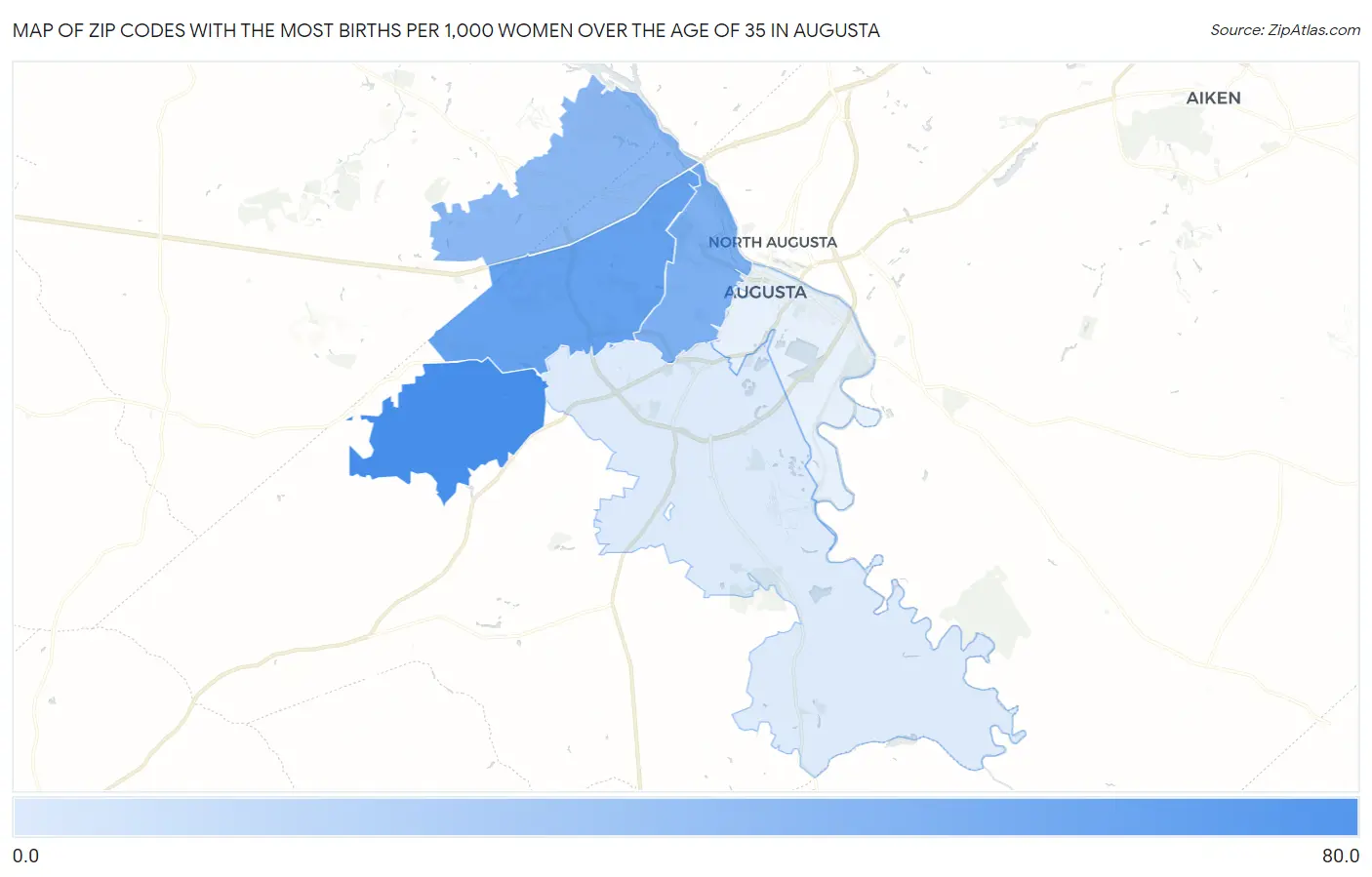 Zip Codes with the Most Births per 1,000 Women Over the Age of 35 in Augusta Map