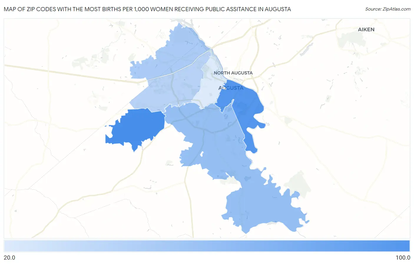 Zip Codes with the Most Births per 1,000 Women Receiving Public Assitance in Augusta Map