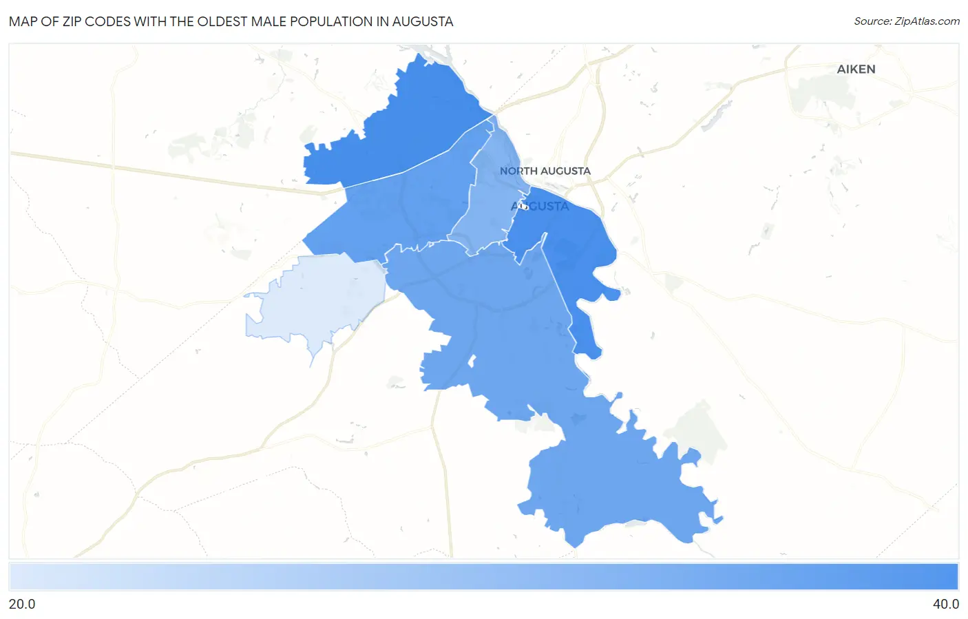 Zip Codes with the Oldest Male Population in Augusta Map