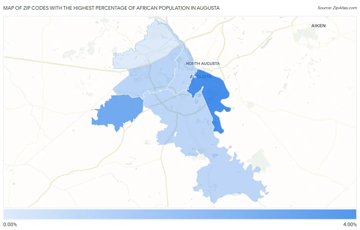 Zip Codes with the Highest Percentage of African Population in Augusta Map