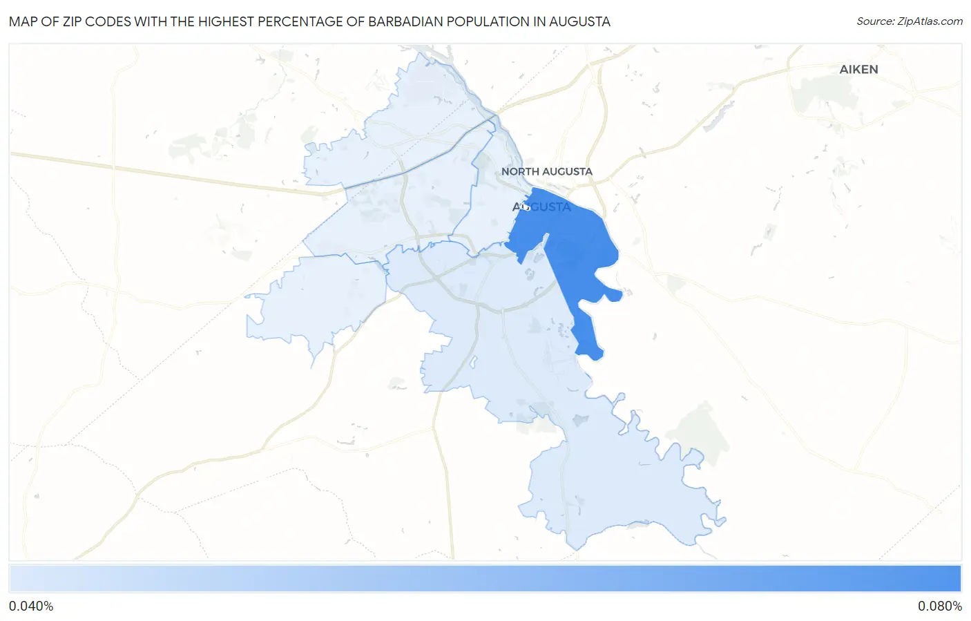 Zip Codes with the Highest Percentage of Barbadian Population in Augusta Map