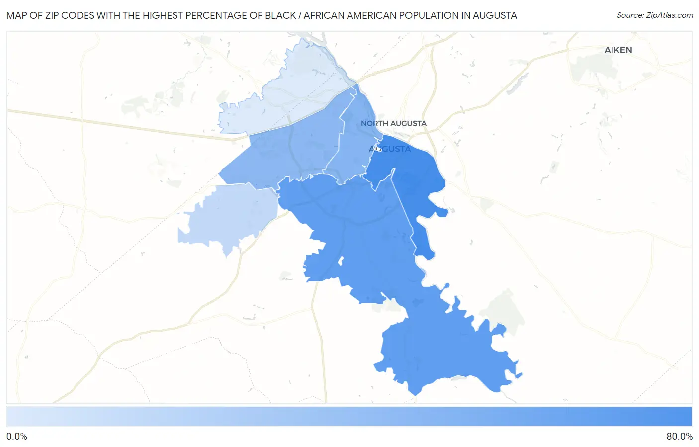 Zip Codes with the Highest Percentage of Black / African American Population in Augusta Map
