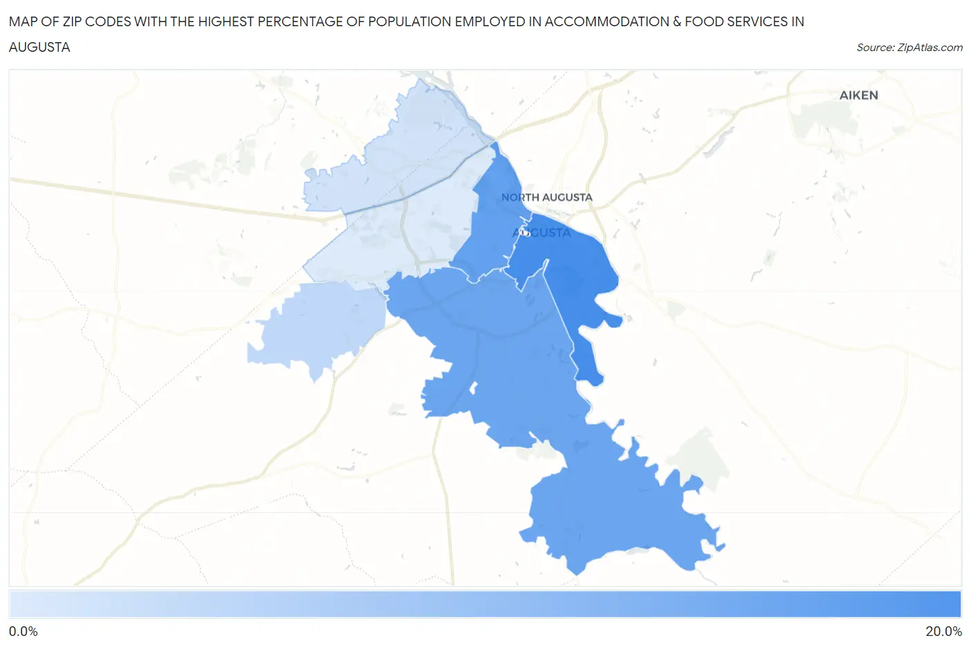 Zip Codes with the Highest Percentage of Population Employed in Accommodation & Food Services in Augusta Map