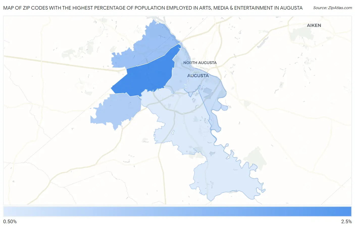 Zip Codes with the Highest Percentage of Population Employed in Arts, Media & Entertainment in Augusta Map