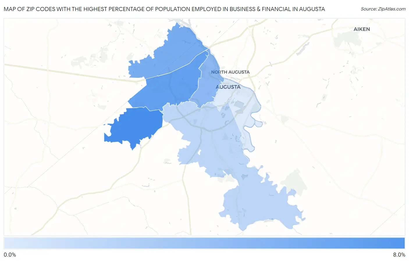 Zip Codes with the Highest Percentage of Population Employed in Business & Financial in Augusta Map