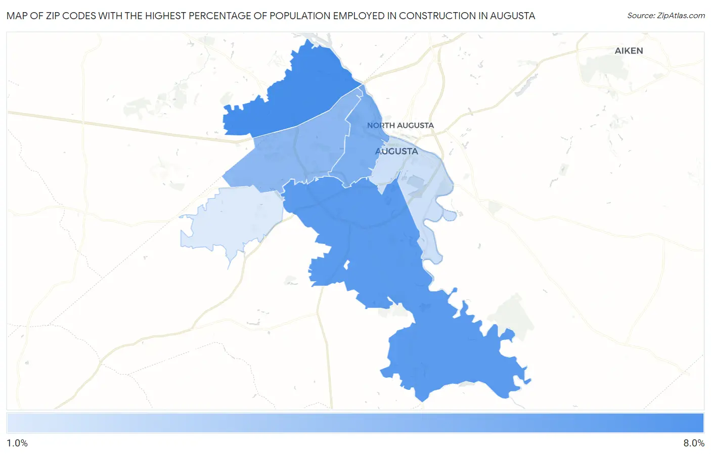 Zip Codes with the Highest Percentage of Population Employed in Construction in Augusta Map