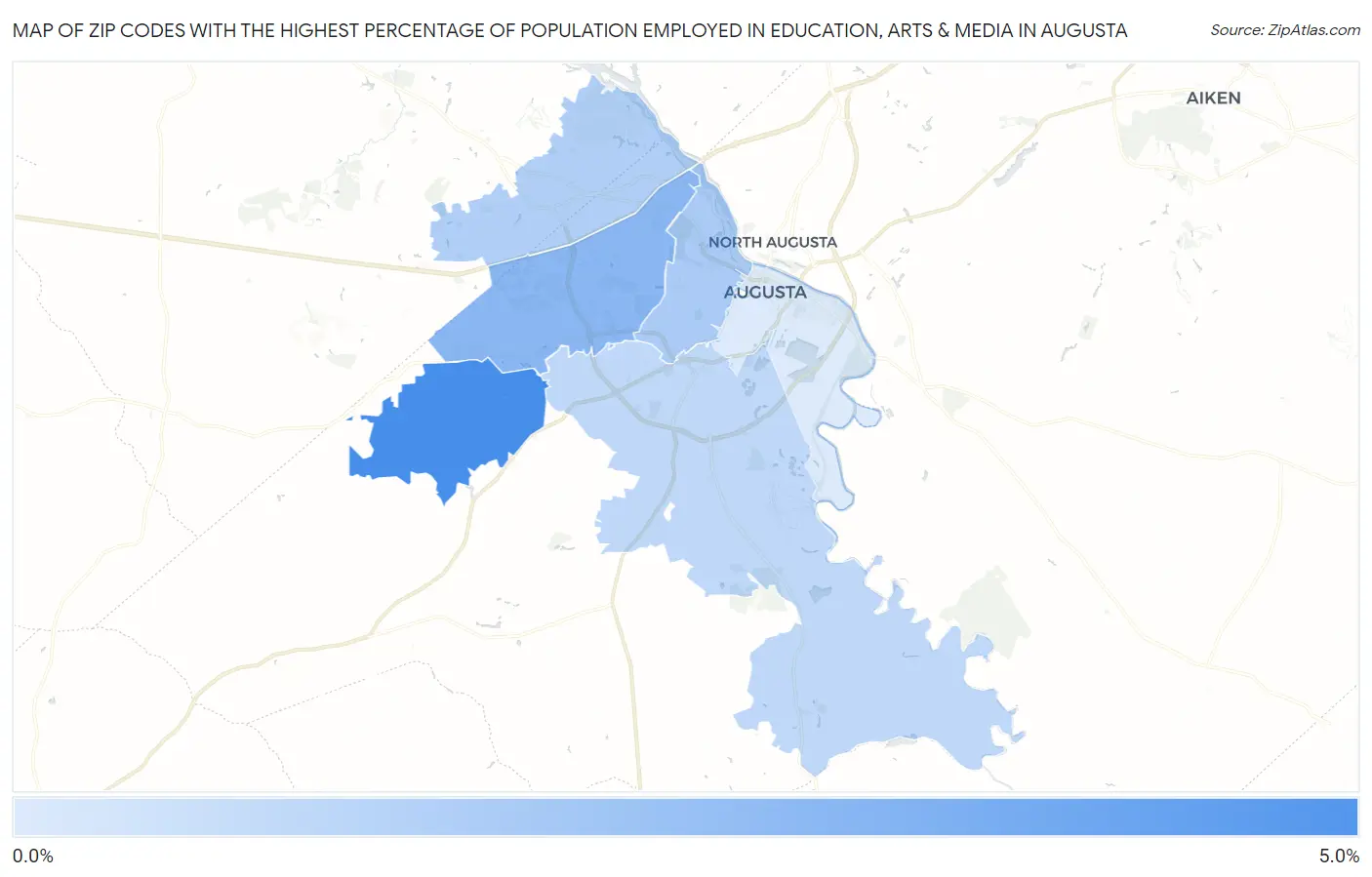 Zip Codes with the Highest Percentage of Population Employed in Education, Arts & Media in Augusta Map
