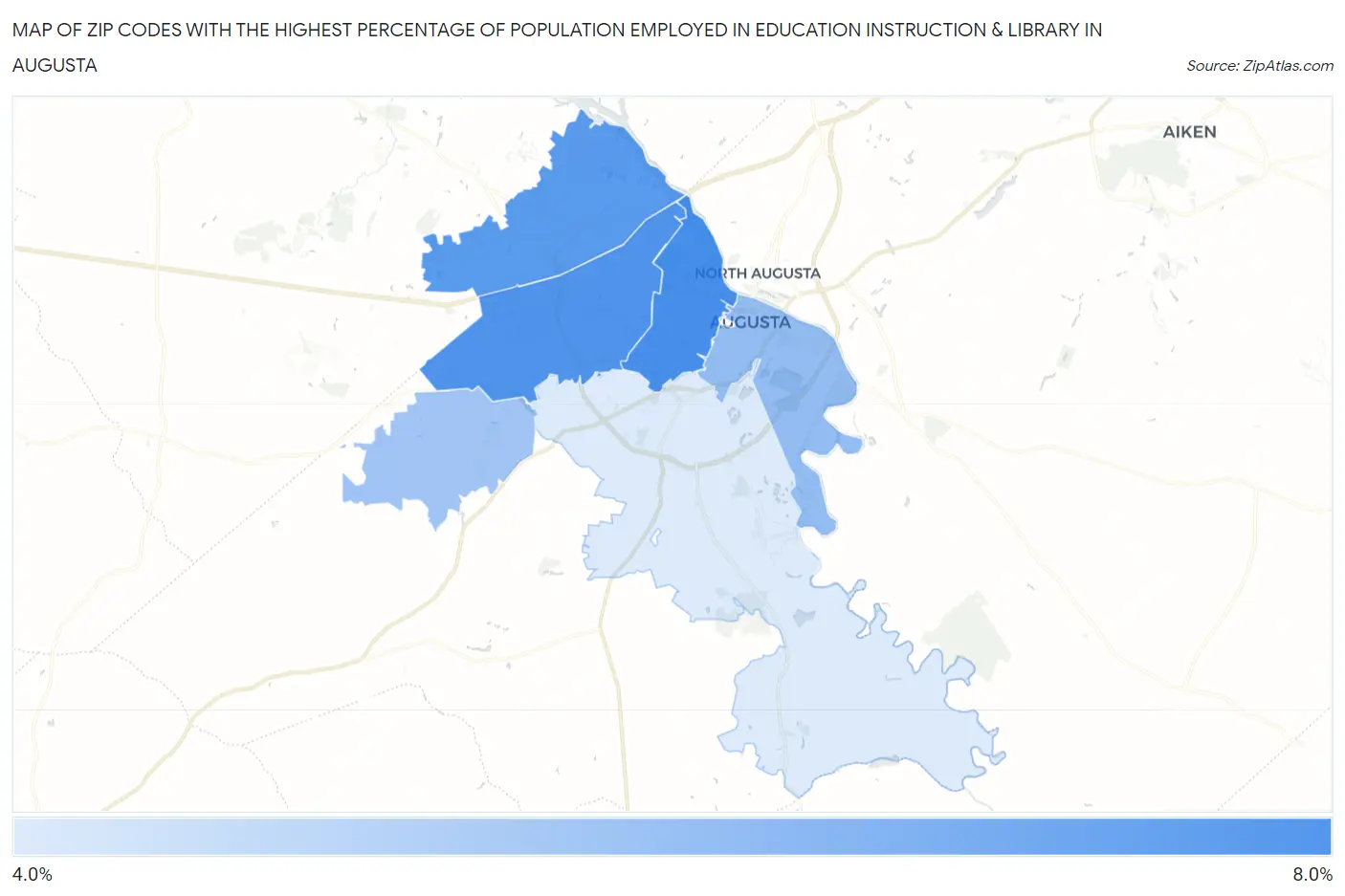 Zip Codes with the Highest Percentage of Population Employed in Education Instruction & Library in Augusta Map