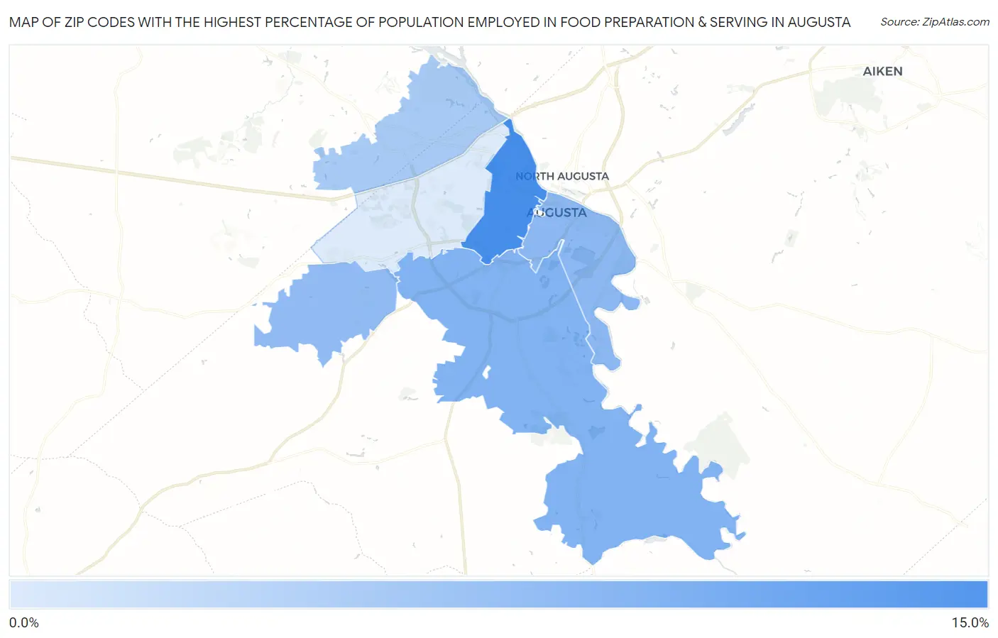 Zip Codes with the Highest Percentage of Population Employed in Food Preparation & Serving in Augusta Map