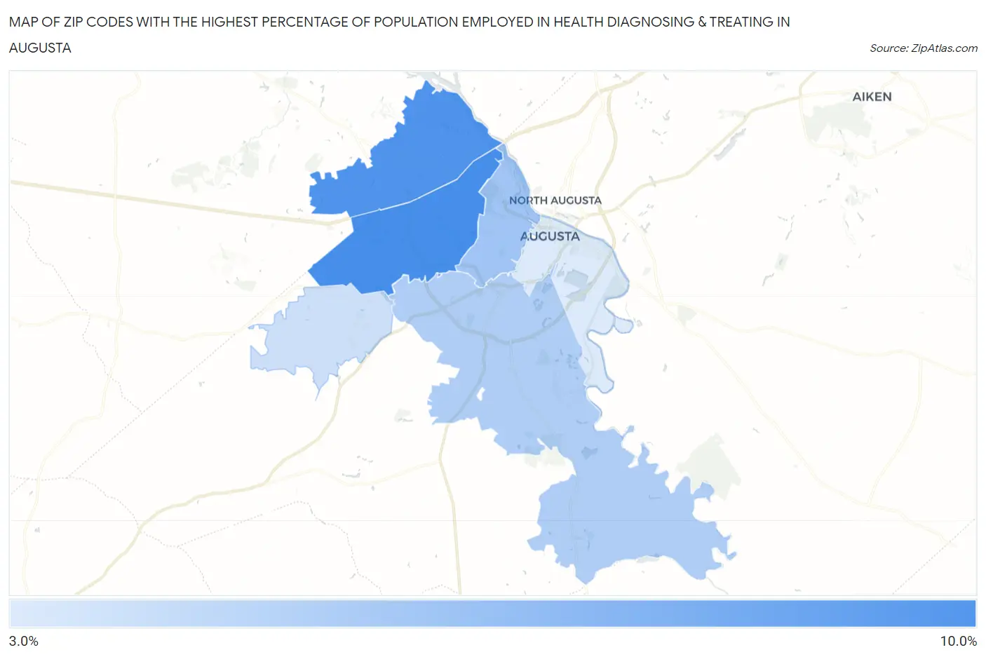 Zip Codes with the Highest Percentage of Population Employed in Health Diagnosing & Treating in Augusta Map