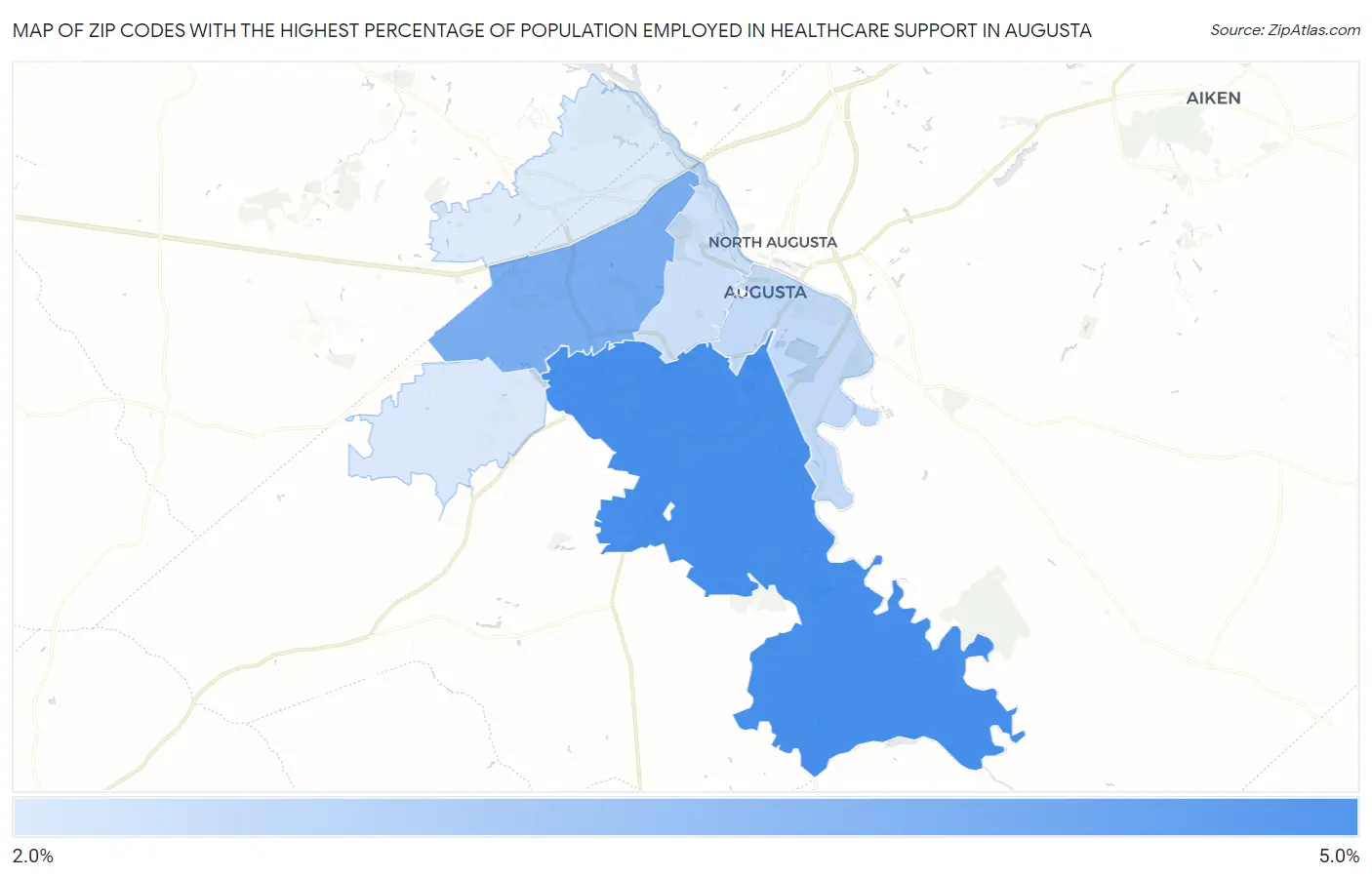 Zip Codes with the Highest Percentage of Population Employed in Healthcare Support in Augusta Map