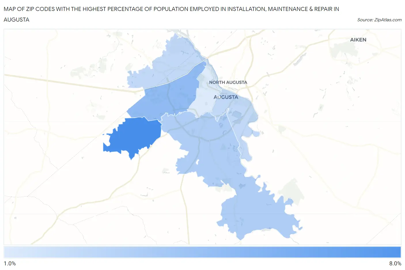 Zip Codes with the Highest Percentage of Population Employed in Installation, Maintenance & Repair in Augusta Map