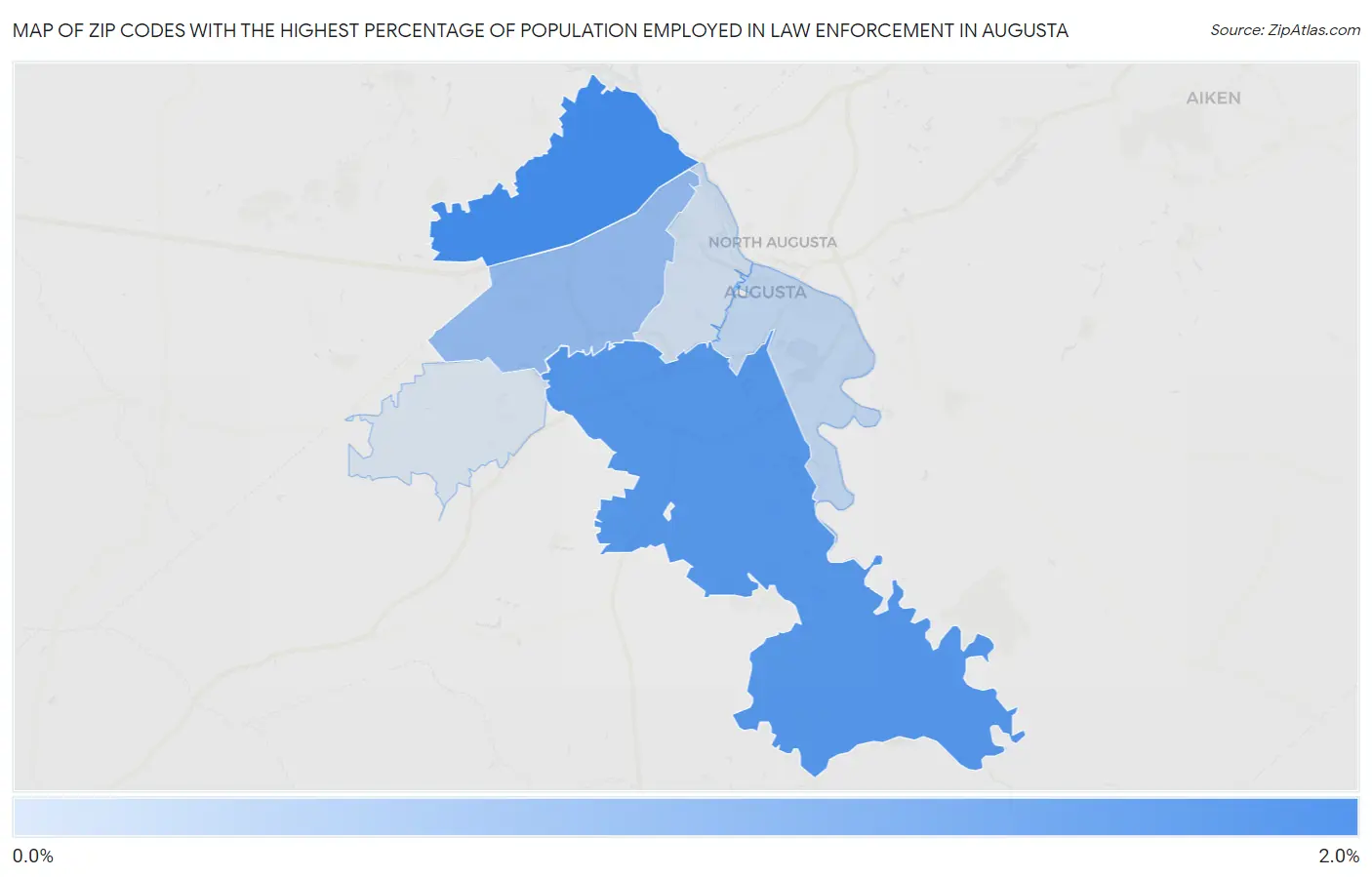 Zip Codes with the Highest Percentage of Population Employed in Law Enforcement in Augusta Map