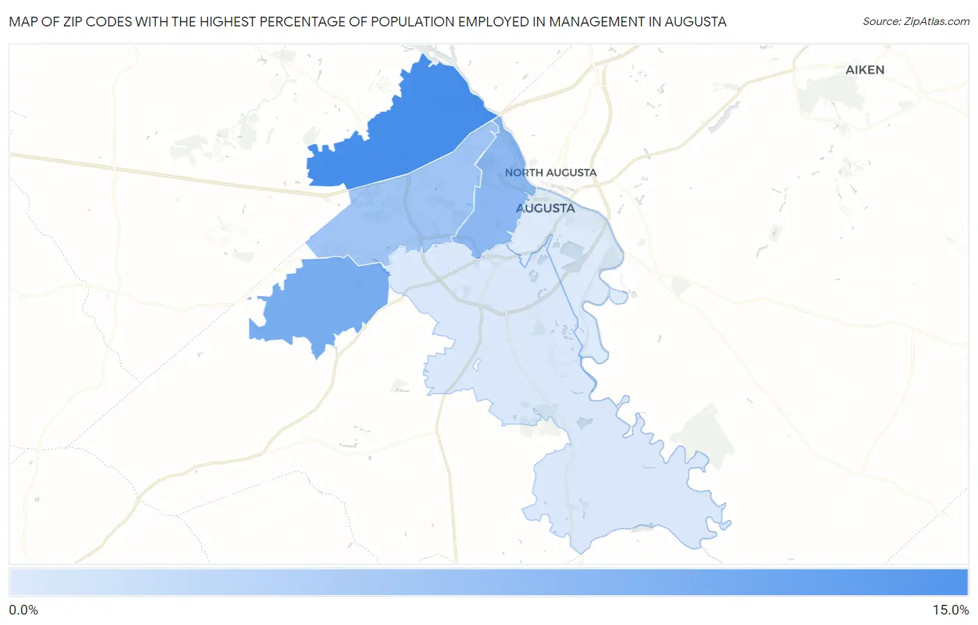 Zip Codes with the Highest Percentage of Population Employed in Management in Augusta Map