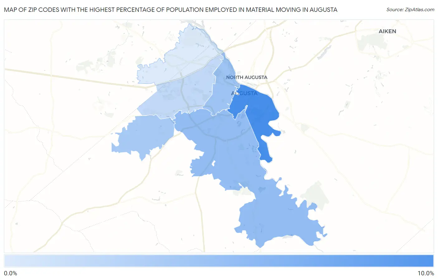 Zip Codes with the Highest Percentage of Population Employed in Material Moving in Augusta Map