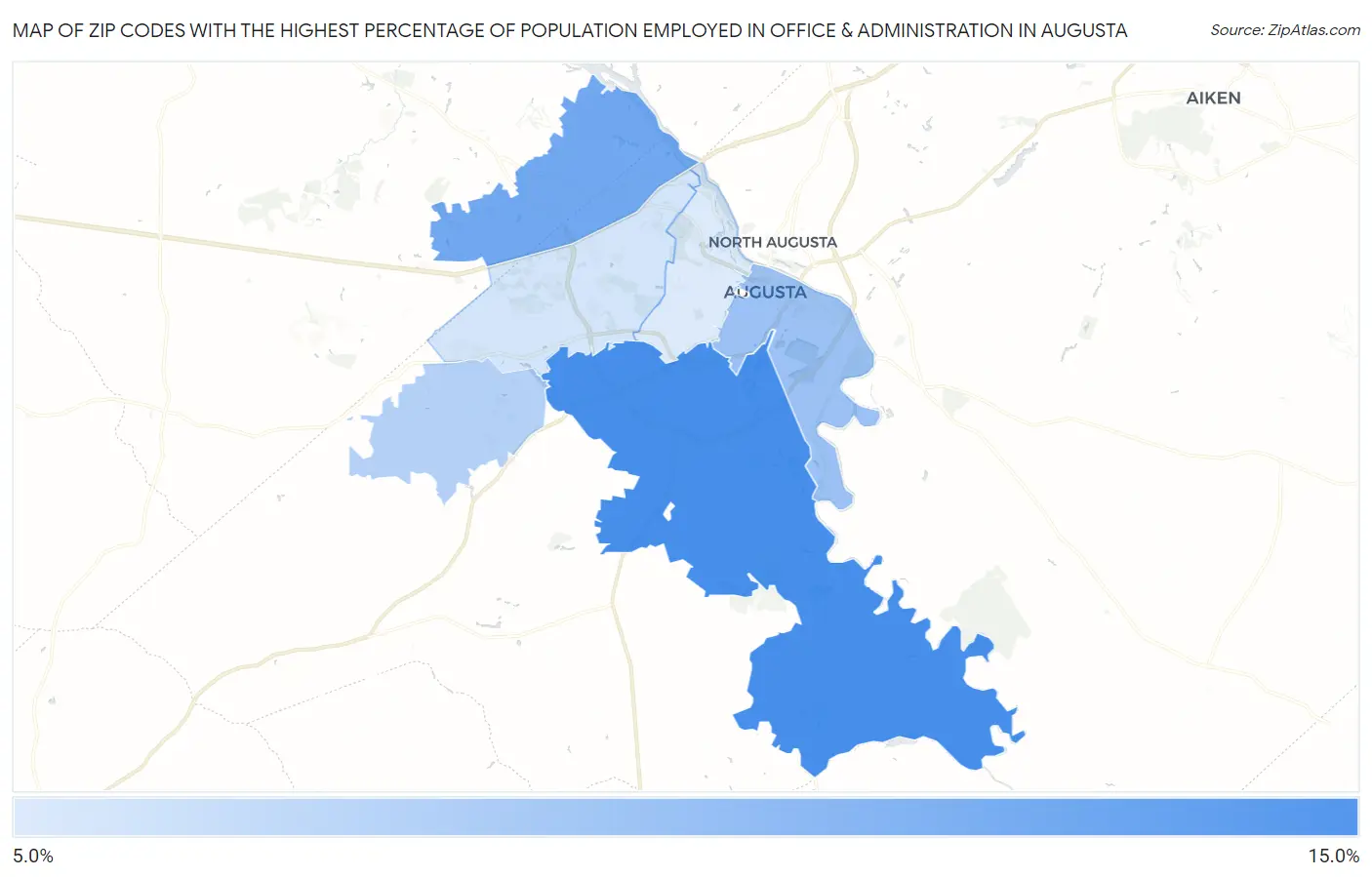 Zip Codes with the Highest Percentage of Population Employed in Office & Administration in Augusta Map