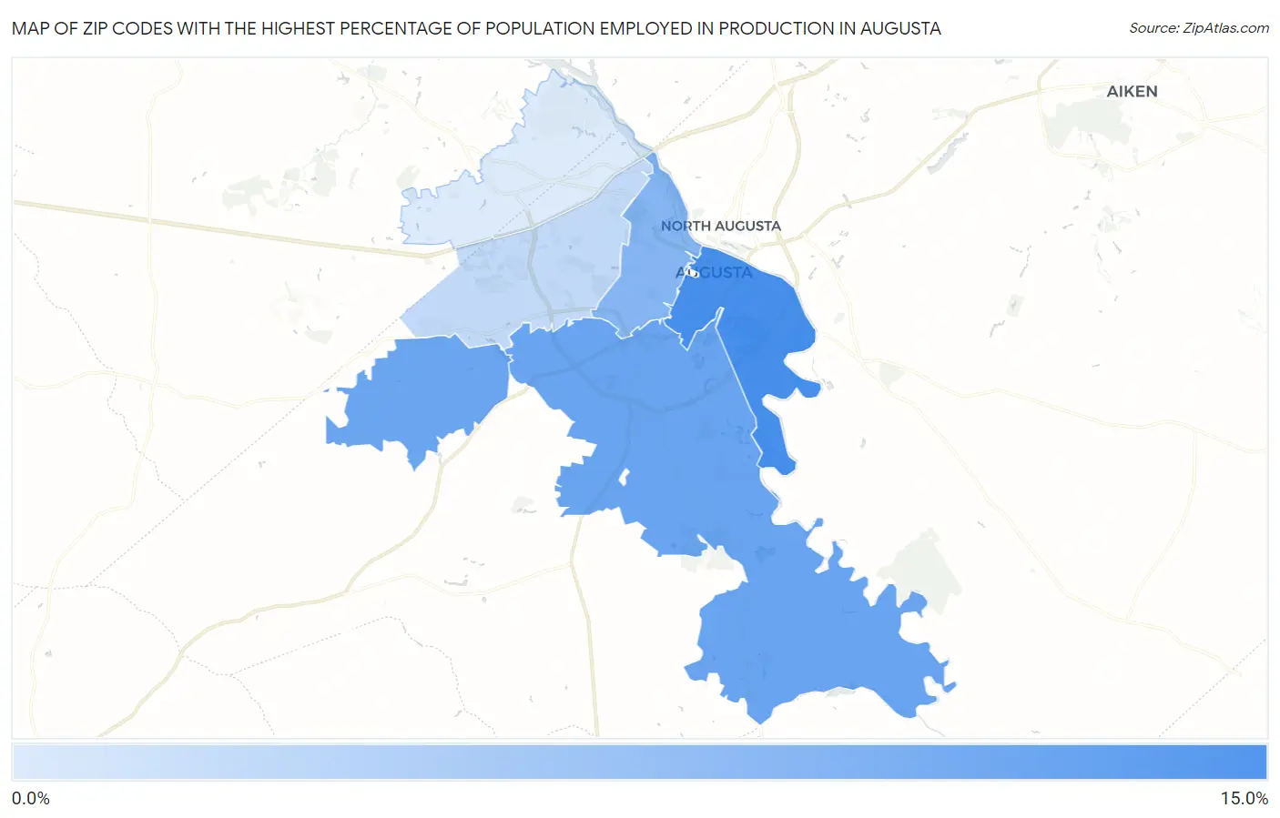 Zip Codes with the Highest Percentage of Population Employed in Production in Augusta Map
