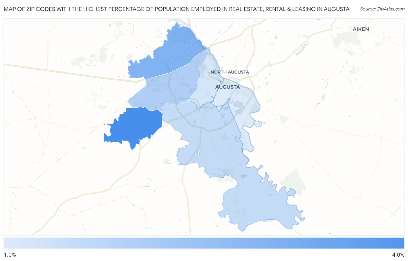 Zip Codes with the Highest Percentage of Population Employed in Real Estate, Rental & Leasing in Augusta Map
