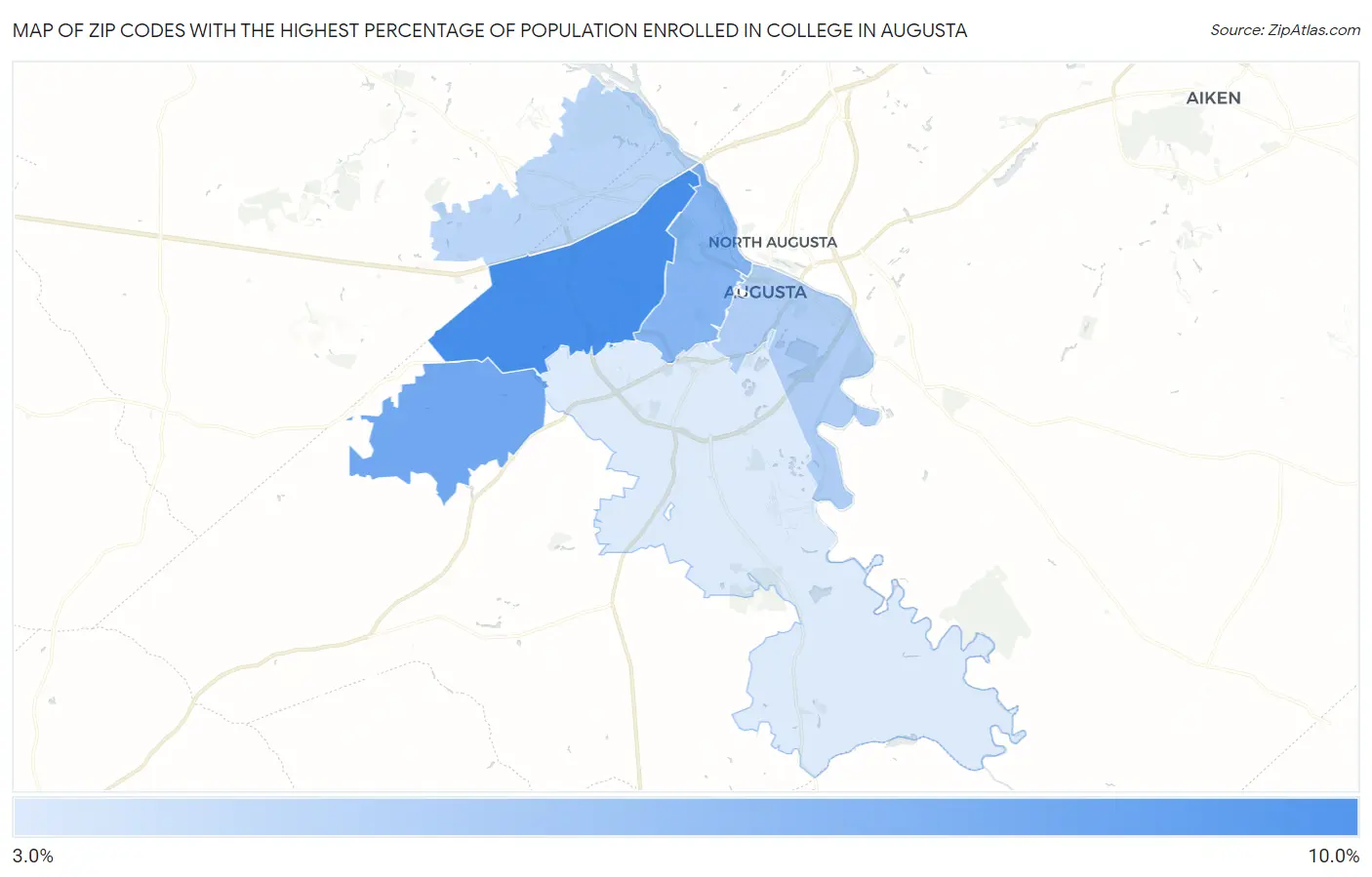 Zip Codes with the Highest Percentage of Population Enrolled in College in Augusta Map