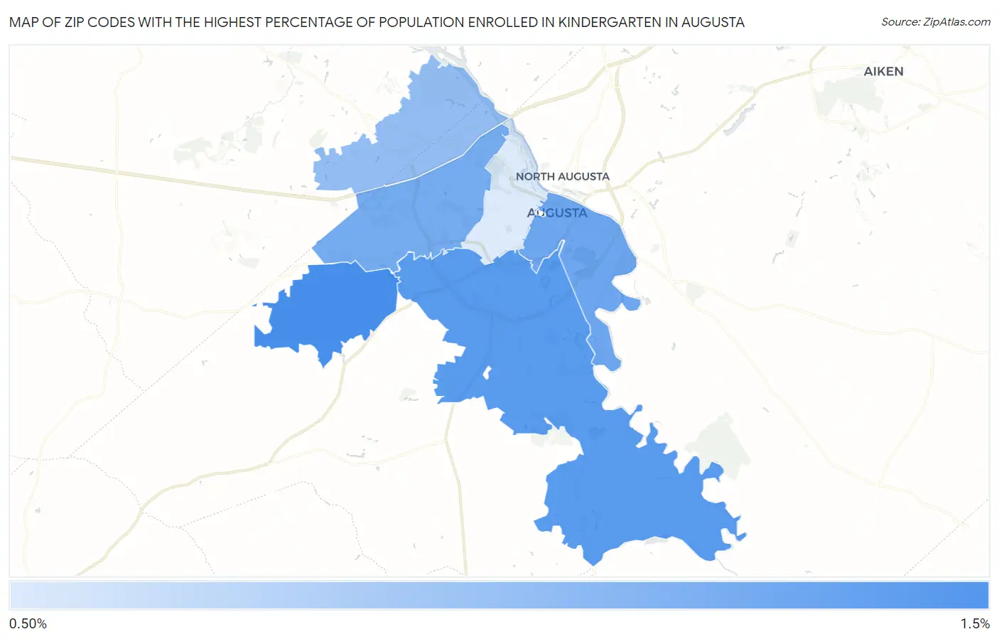 Zip Codes with the Highest Percentage of Population Enrolled in Kindergarten in Augusta Map