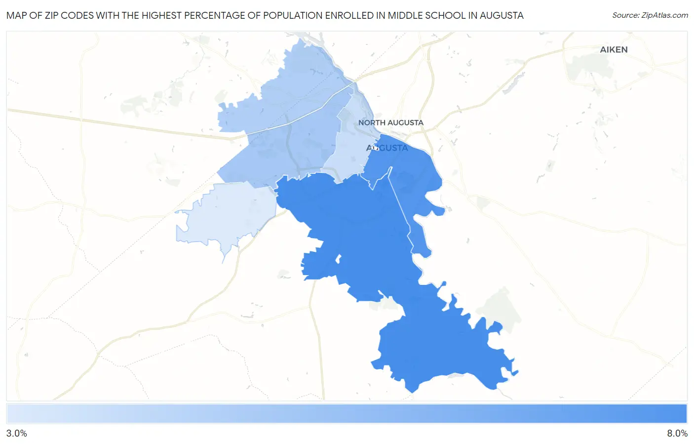 Zip Codes with the Highest Percentage of Population Enrolled in Middle School in Augusta Map