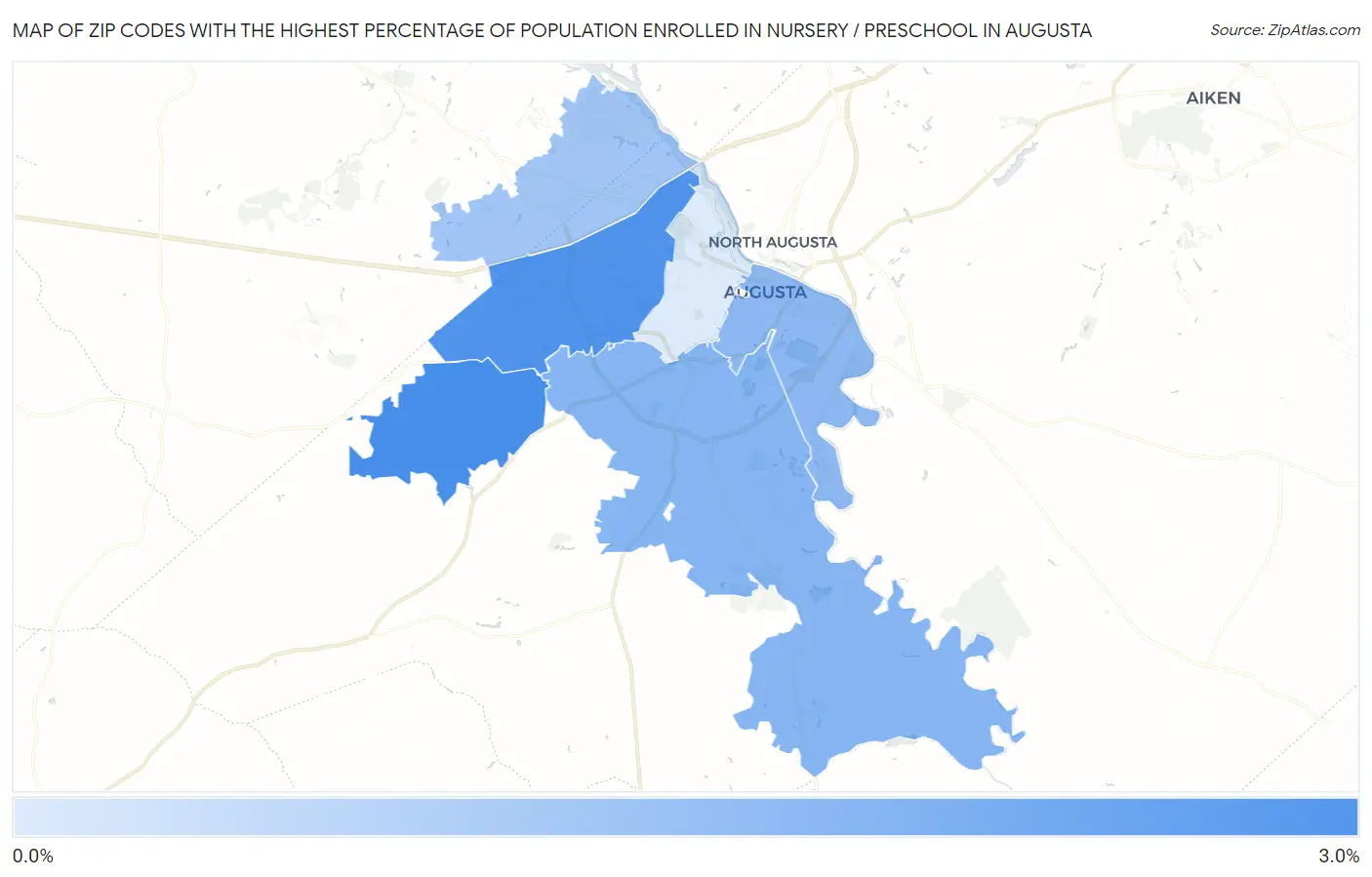Zip Codes with the Highest Percentage of Population Enrolled in Nursery / Preschool in Augusta Map
