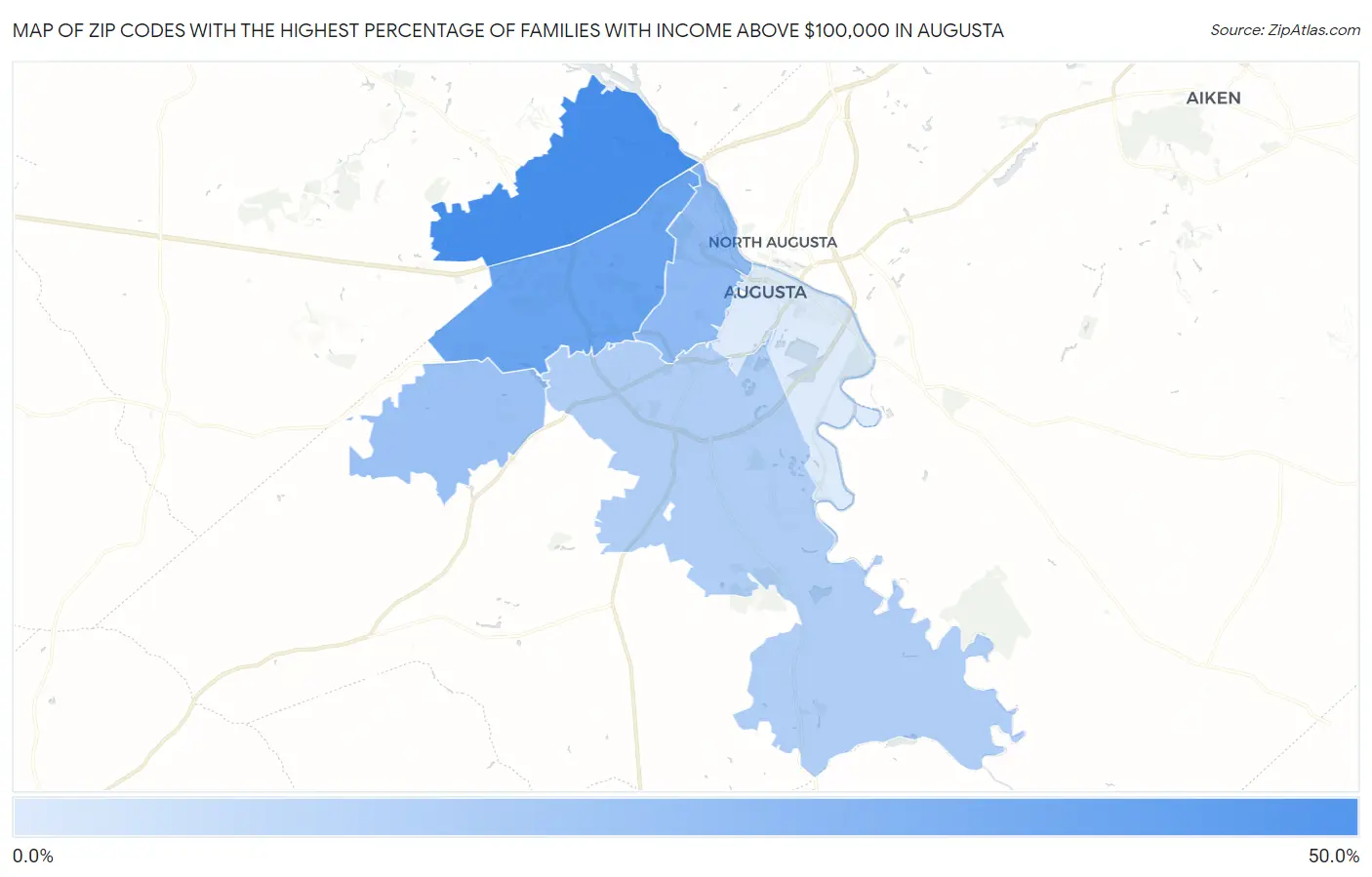 Zip Codes with the Highest Percentage of Families with Income Above $100,000 in Augusta Map