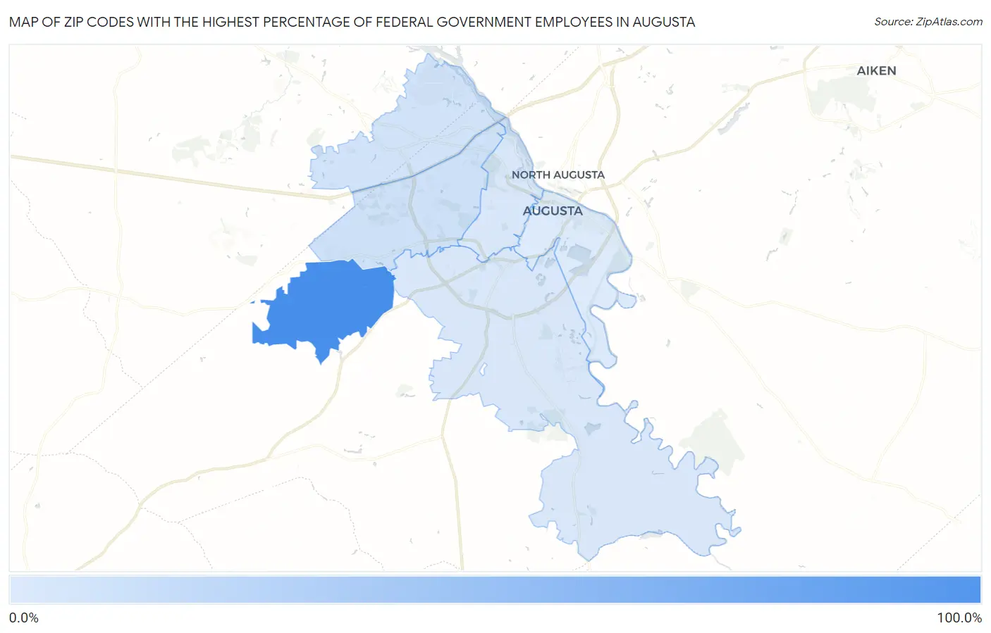 Zip Codes with the Highest Percentage of Federal Government Employees in Augusta Map