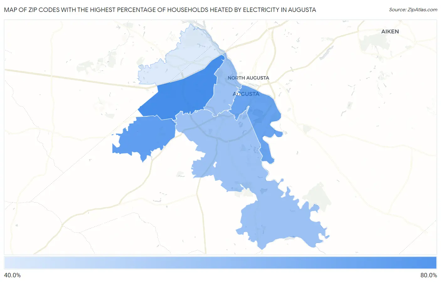 Zip Codes with the Highest Percentage of Households Heated by Electricity in Augusta Map