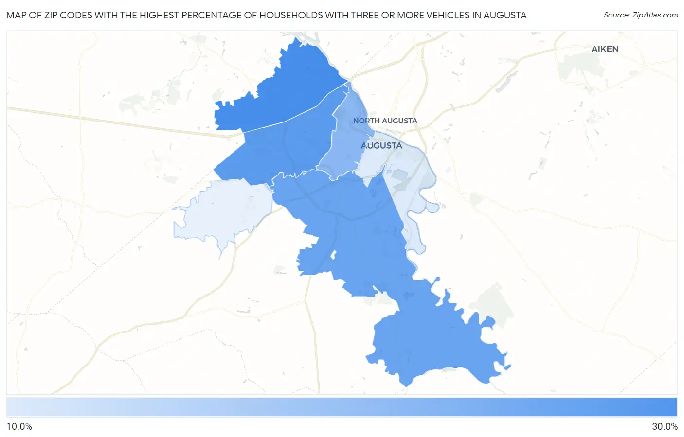 Zip Codes with the Highest Percentage of Households With Three or more Vehicles in Augusta Map