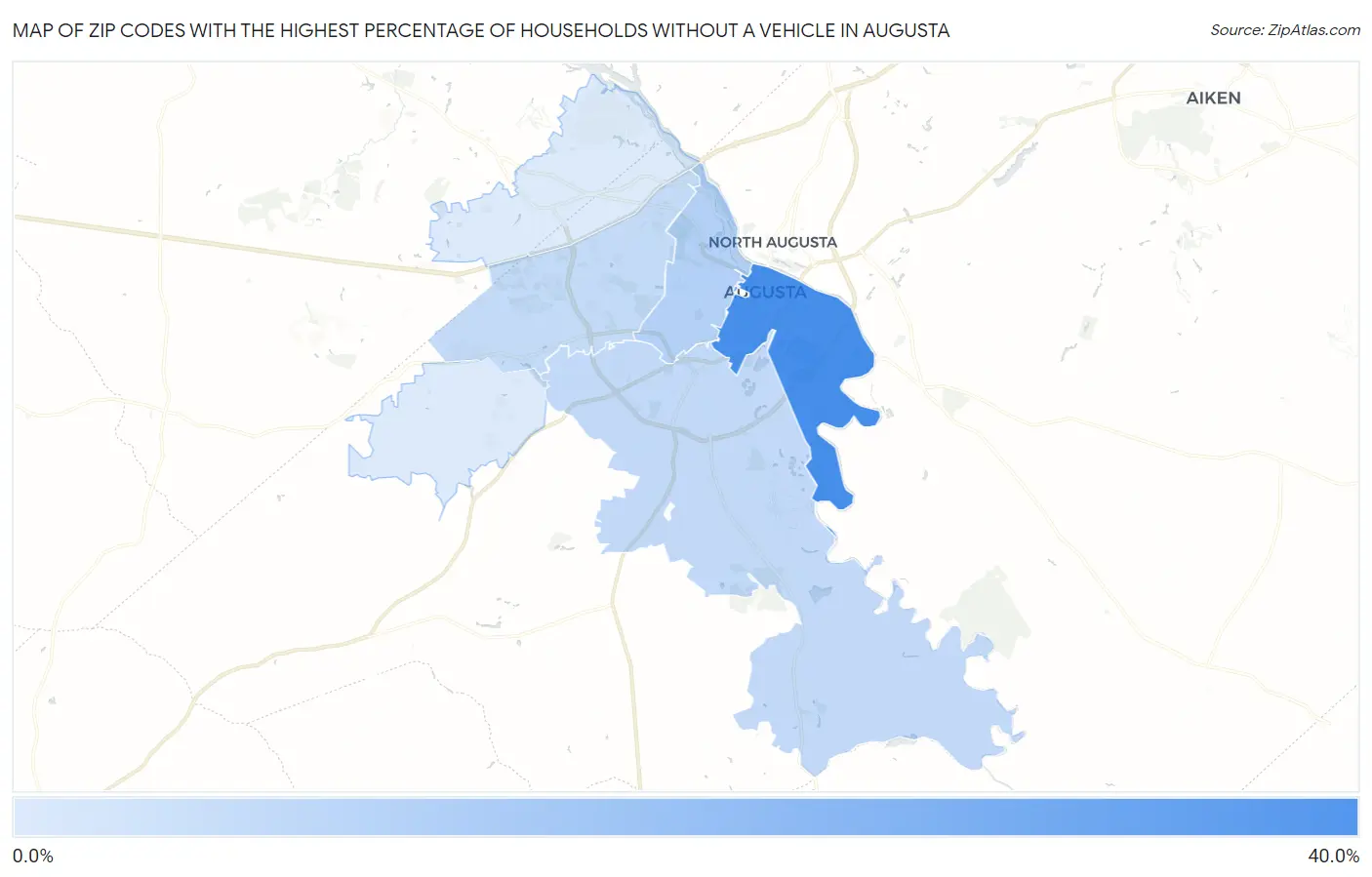 Zip Codes with the Highest Percentage of Households Without a Vehicle in Augusta Map