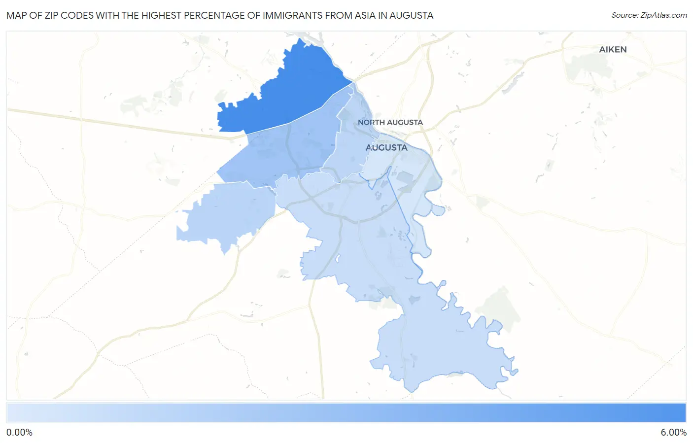 Zip Codes with the Highest Percentage of Immigrants from Asia in Augusta Map