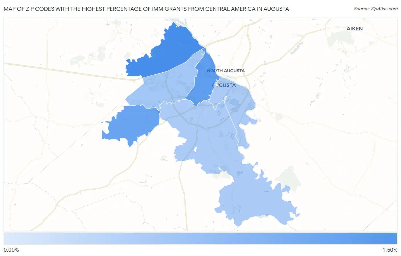 Zip Codes with the Highest Percentage of Immigrants from Central America in Augusta Map