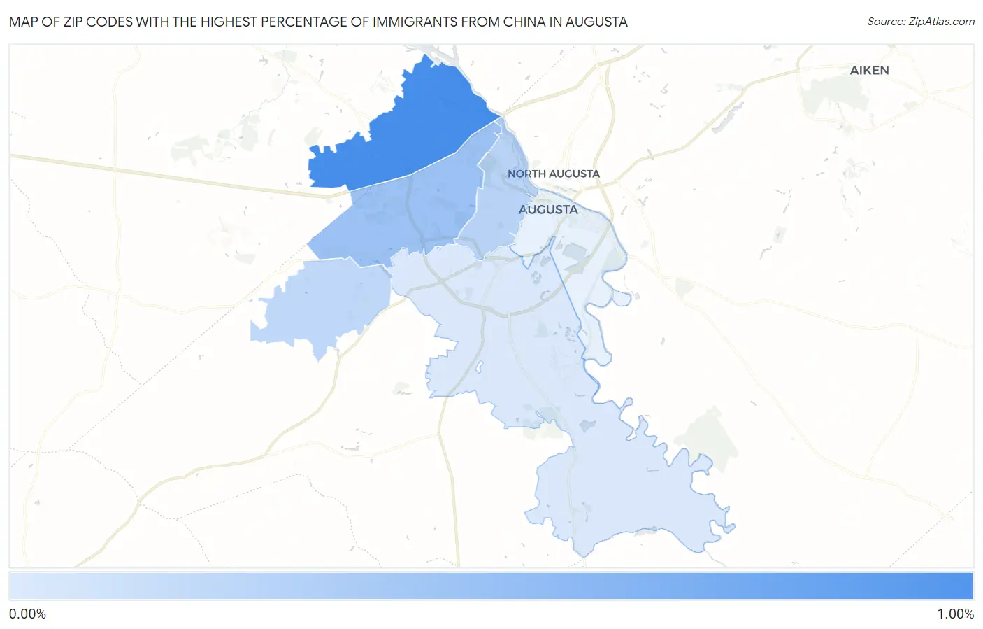 Zip Codes with the Highest Percentage of Immigrants from China in Augusta Map